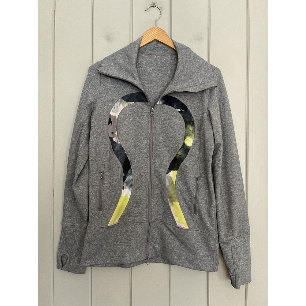 Lululemon In Stride Jacket Womens 8 Heathered Gray Citron Watercolor Full Zip